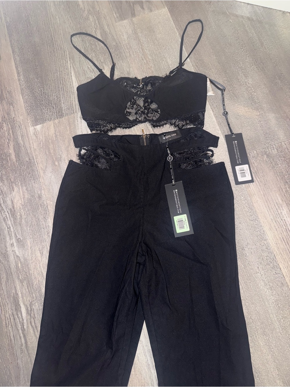 White Fox Lace-Trim High-Waist Pant set - Black